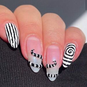 Beetlejuice Nails - Black and White Striped Nail Art